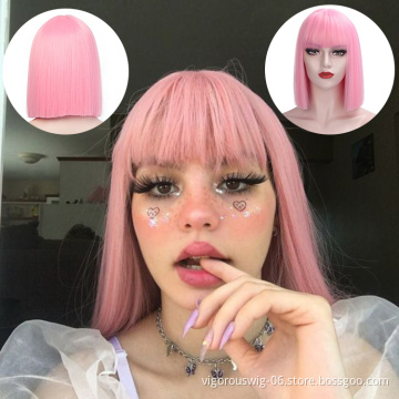 Vigorous women wholesale cheap cosplay pink color short straight high quality bob cut synthetic hair wig with bangs